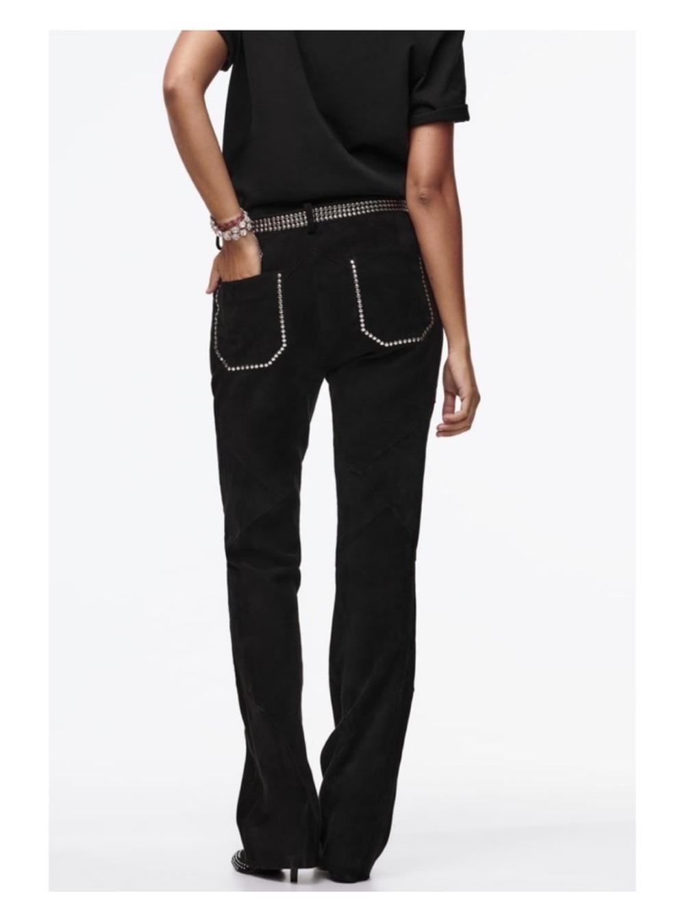 ZARA Limited Edition Flared Studded Real Leather Suede Patchwork Trousers SZ LRG